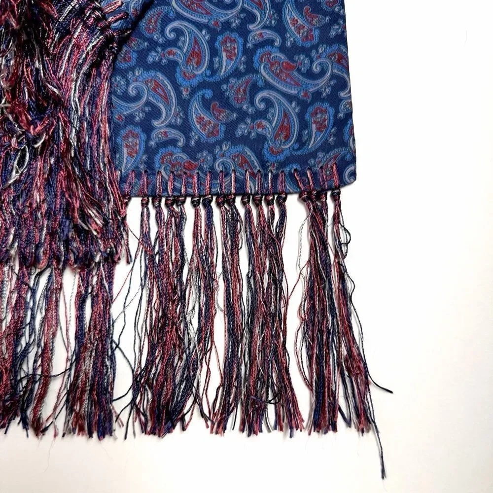 Men's Classic Doubled Dress Scarf Blue Paisley Print with Fringes